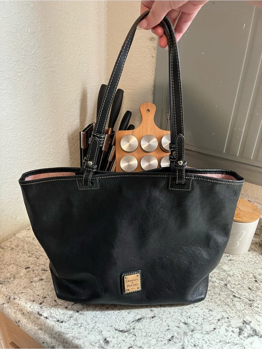 Dooney & Bourke Black Leather Tote with Contrasting Stitching